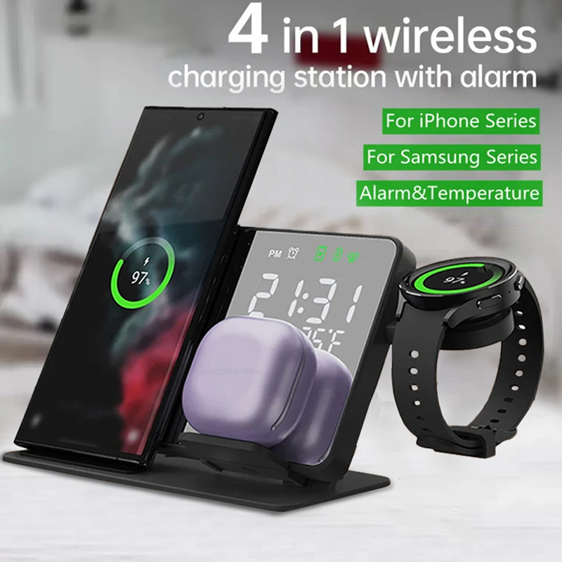 Watch Charger Cable - ワイヤレス充電器付き目覚まし時計スタンド、iPhone 16 15 14 13、iWatch 8、Samsung