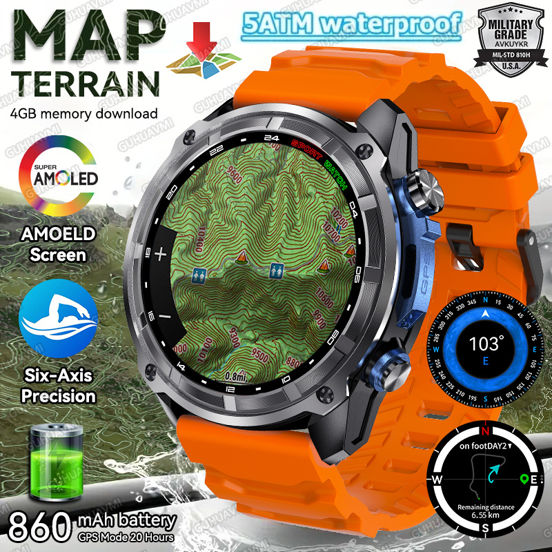 Android Smartwatch Accessories - 2025年新型地形マップGPSスマートウォッチ、4GBメモリ、6衛星システム、AGPS、5ATM防水、6軸センサー、860mAh、コンパス付きブレスレット