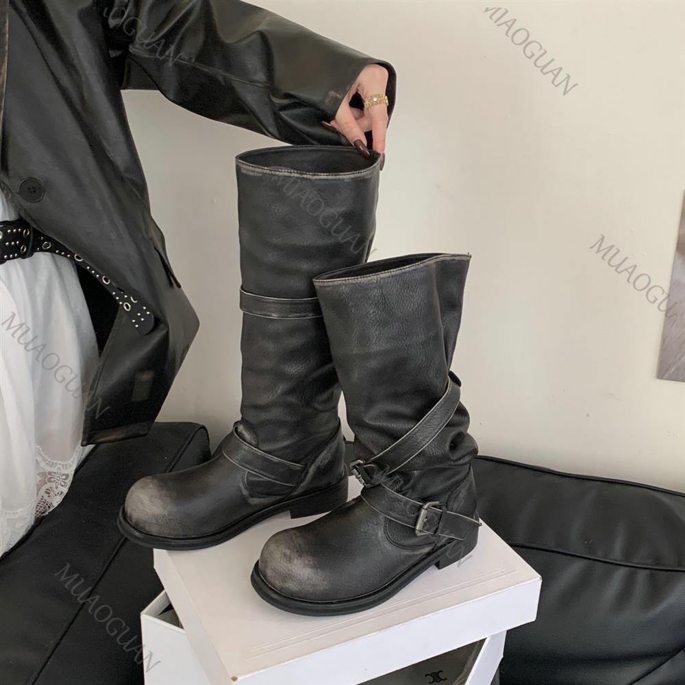 Leather Classic Strap - 春秋用チャンキーヒール太もも丈ナイトブーツ、ベルトバックル付きウエスタンシューズ、レディースレザー、スリッポン、ラウンドトゥ、重ね履き風ブーツ