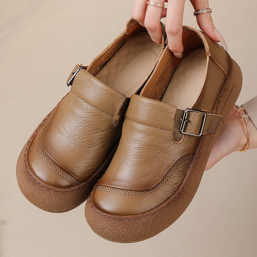 Leather Classic Strap - レディースカジュアルシングルシューズ 春秋新作 レトロスタイル 牛革 厚底パンプス ラウンドトゥ