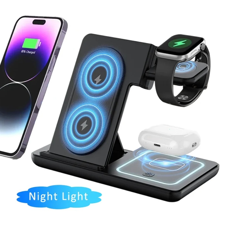 Watch Charger Cable - ナイトLEDライト付き3in1ワイヤレス充電器 折りたたみ式スタンド iPhone、Samsung、Apple Watch 2-11 SE、Airpods
