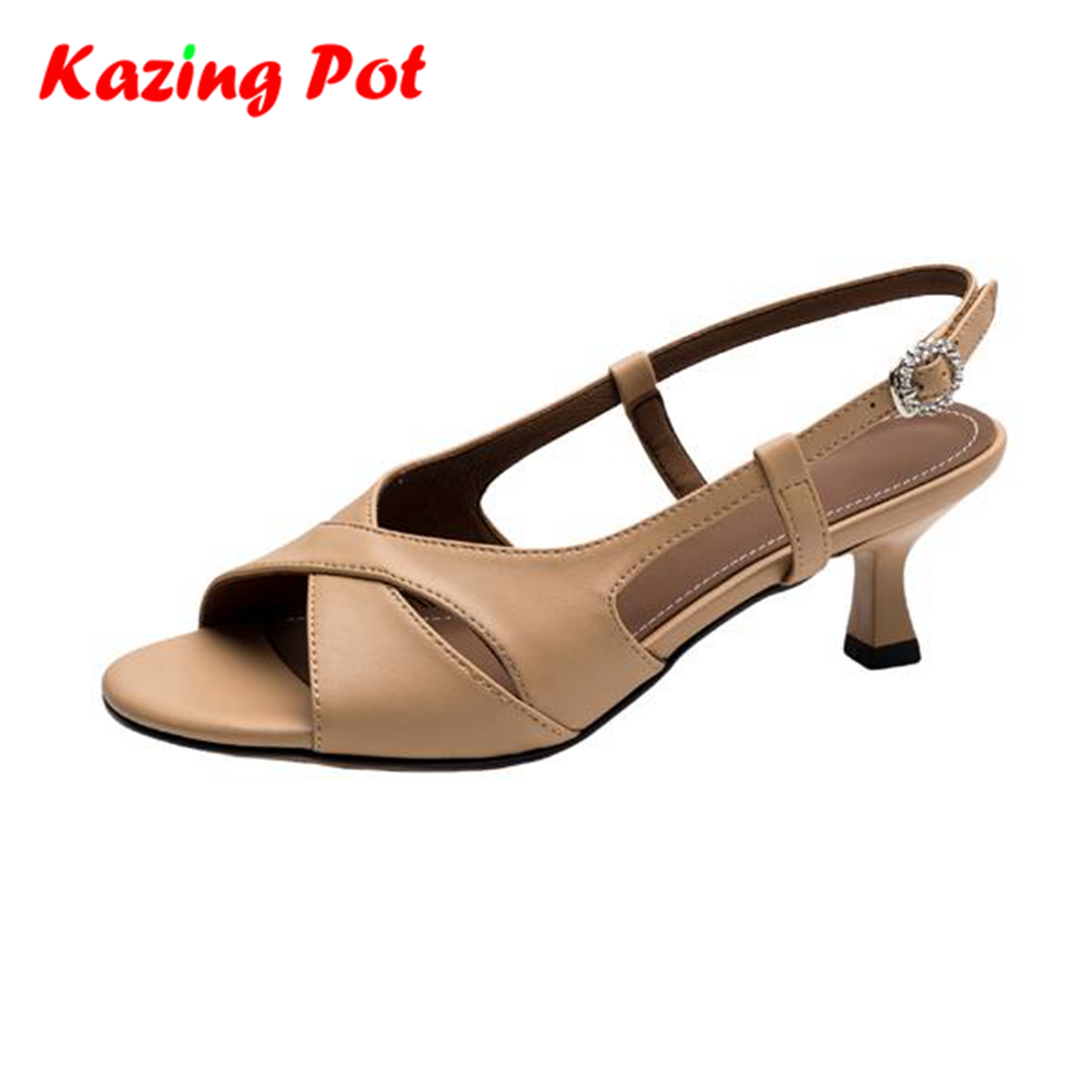Leather Classic Strap - Krazing Pot ベーシック衣類クラシックシープスキンメッドヒールピープトウサマーシューズパーティーゴージャスカジュアルモダンウェア女性サンダル