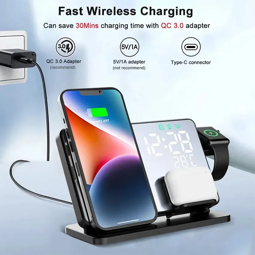 ワイヤレス充電器付き目覚まし時計スタンド、iPhone 16 - Watch Charger Cable のレビューと価格