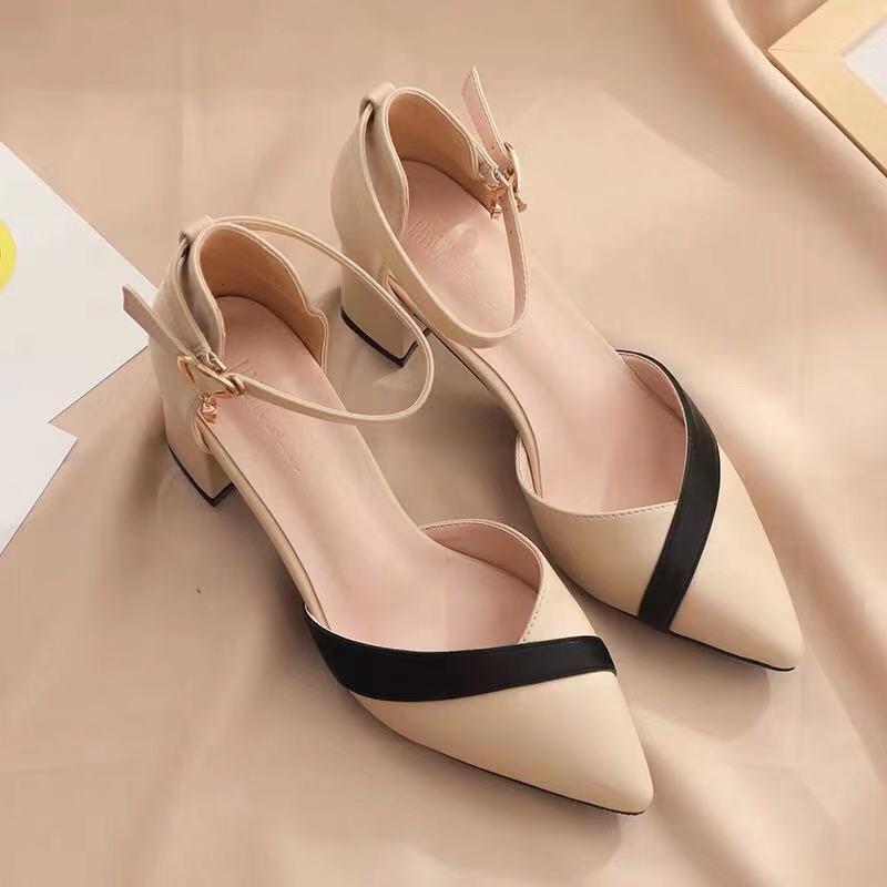 女性のクラシックなベージュのスクエアヒールポインテッドシュー - Leather Classic Strap のレビューと価格