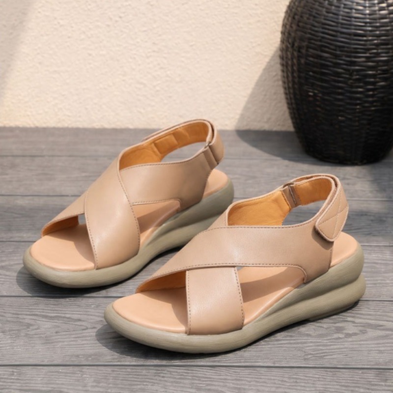 クラシックレディースシューズ高級本革ウェッジサンダル女性用フ - Leather Classic Strap のレビューと価格
