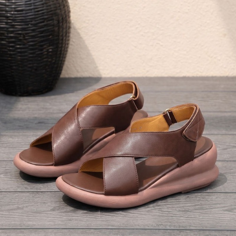 クラシックレディースシューズ高級本革ウェッジサンダル女性用フ - Leather Classic Strap のレビューと価格