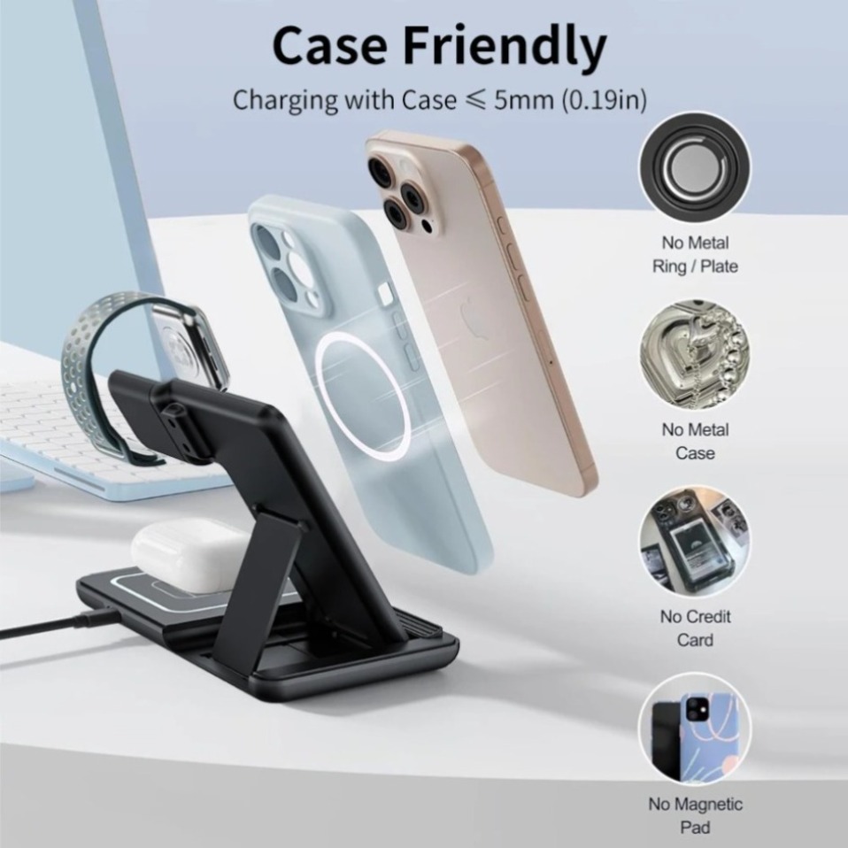 ナイトLEDライト付き3in1ワイヤレス充電器 折りたたみ式 - Watch Charger Cable のレビューと価格